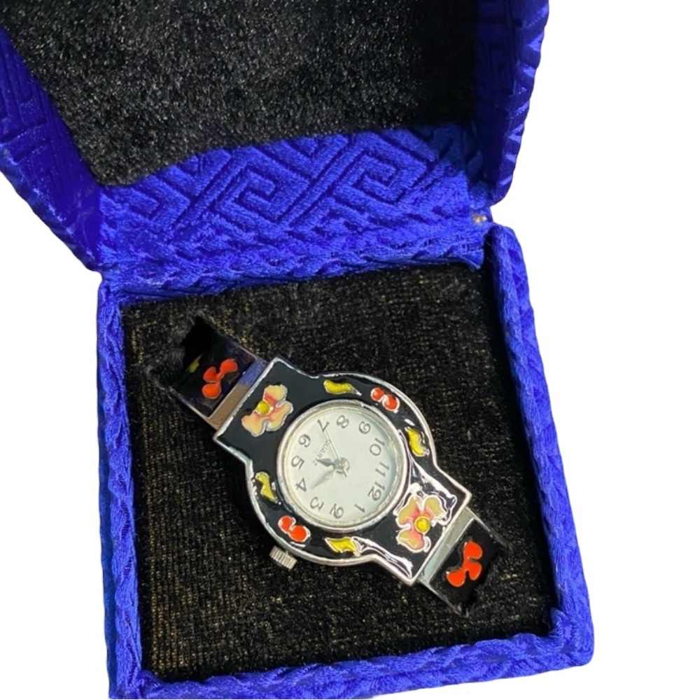 Black Floral Vintage Cloisonné Cuff Watch